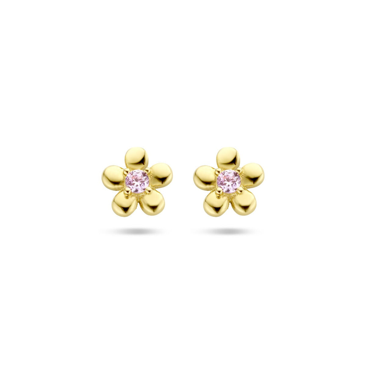 Ohrringe in Form einer Blume aus 14k Gelbgold mit rosa Zirkonia in der Mitte