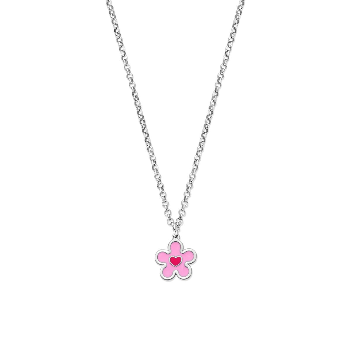Kindercollier aus rhodiniertem 925 Silber mit pinkem Blumen- und Herzanhänger