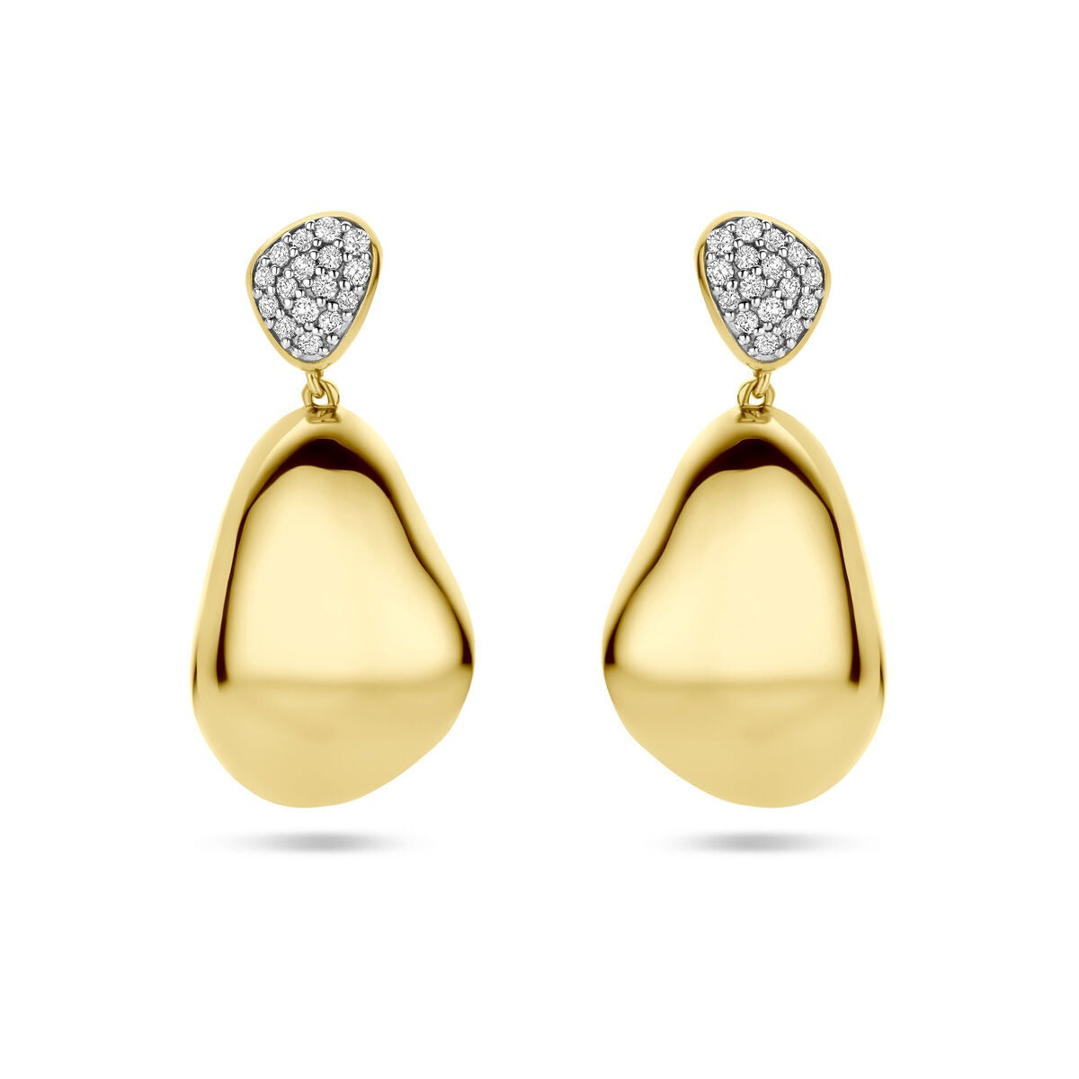 14k goldene Ohrhänger mit zwei Diamanten – 0,20 ct (2x 0,10 ct) und einer glatten, organischen Form