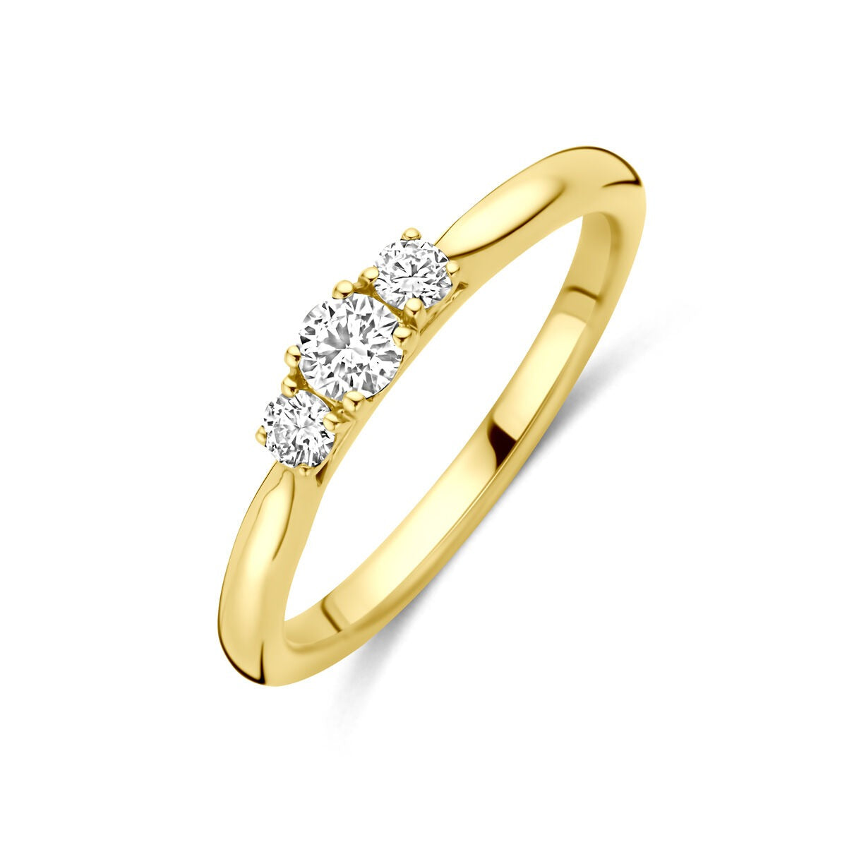 Ring aus 14k Gelbgold mit drei funkelnden, runden lab-grown Diamanten von 0,26 ct