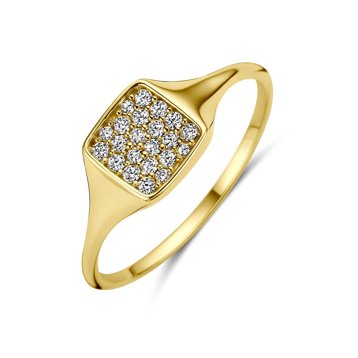 Ring aus 14 Karat Gelbgold mit quadratischem Zifferblatt und Zirkonia-Steinen