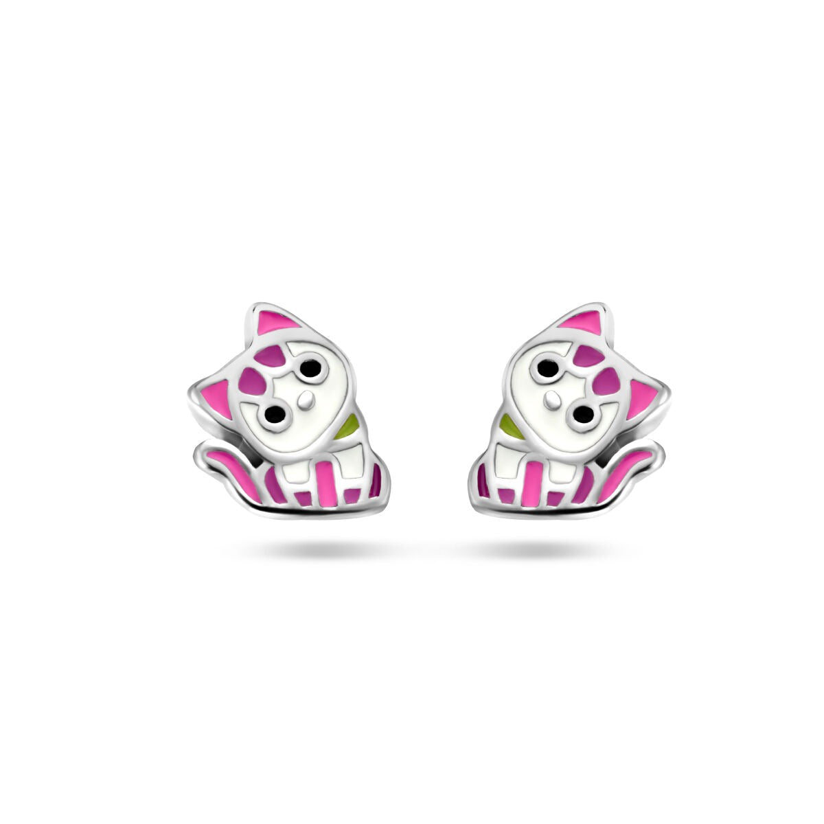 Silberne Ohrstecker in Katzenform, rhodiniert mit buntem Emaille in Pink und Grün