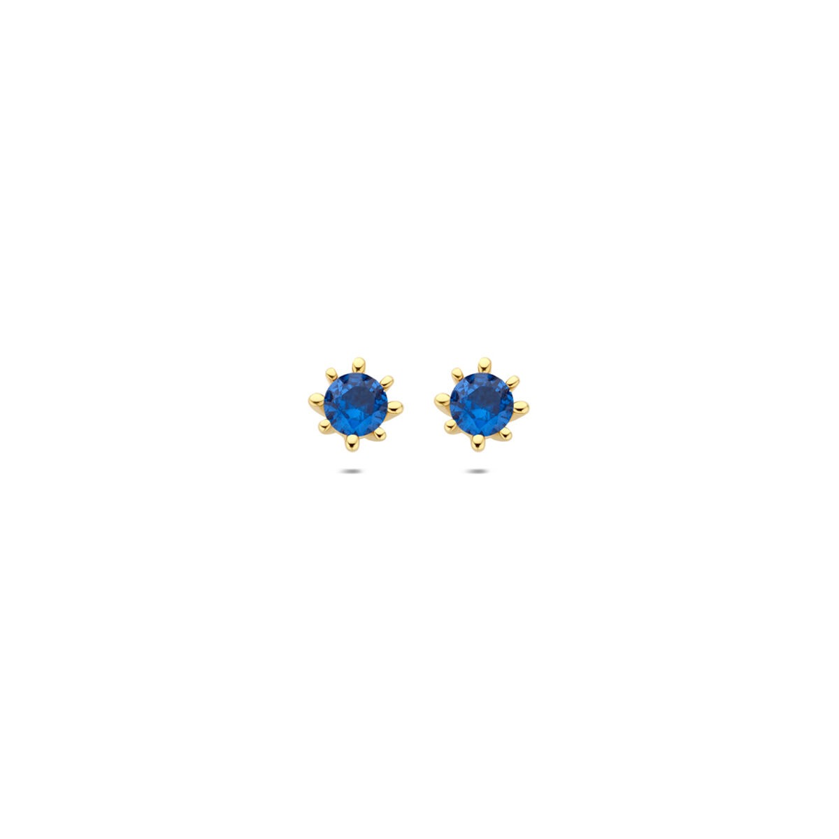Ohrstecker aus 9k Gelbgold mit blauen Zirkonia, runde Form und sechseckiger Fassung