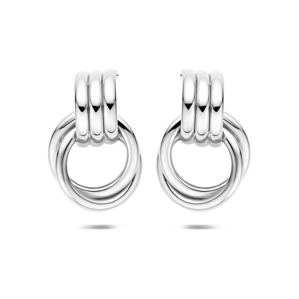 Gerhodinierte Ohrstecker aus 925 Silber mit zwei ineinanderliegenden Ringen, Durchmesser 32 x 21,5 mm