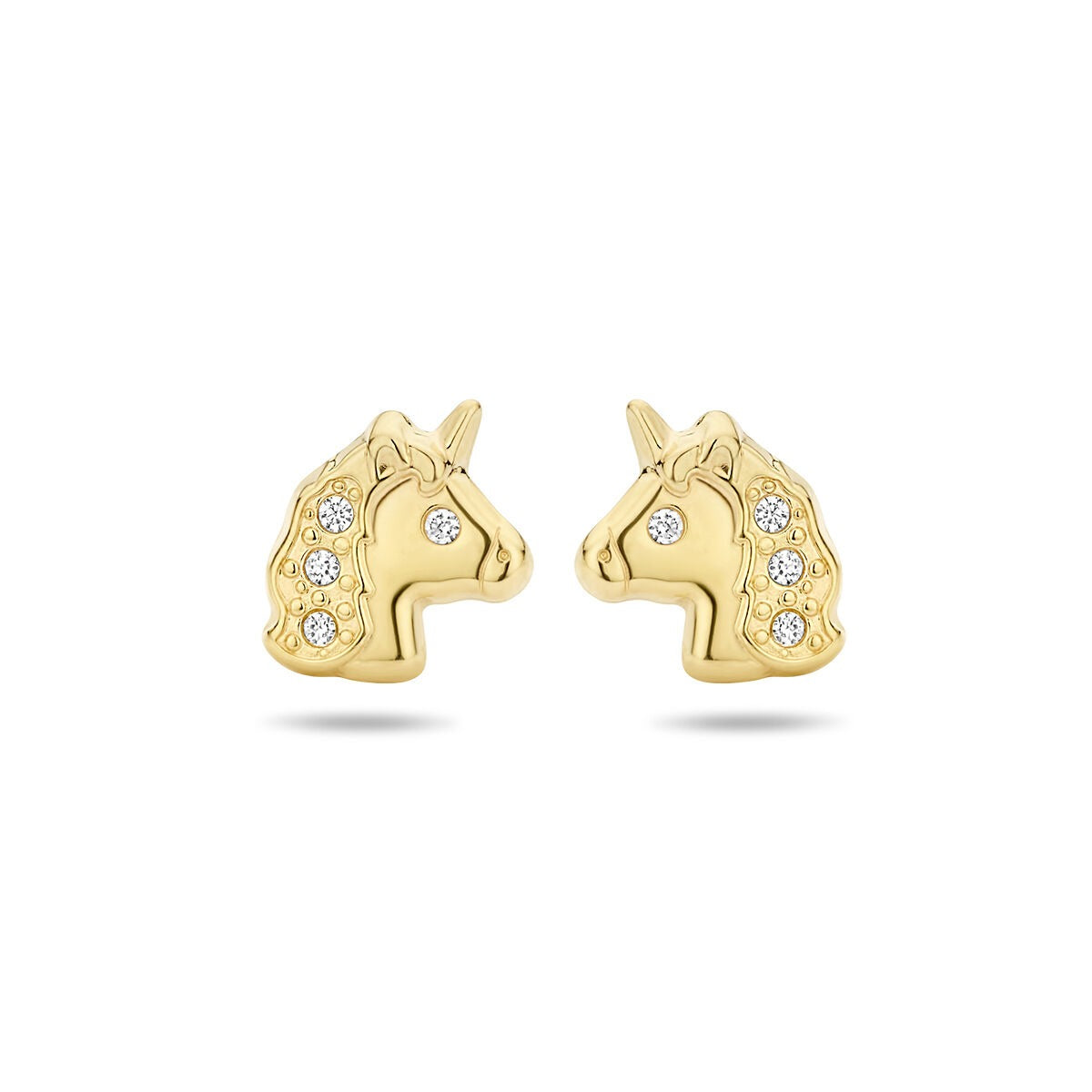 14k gelbgoldene Kinder-Ohrstecker mit tierischem Einhorn-Design und Zirkonia-Steinen