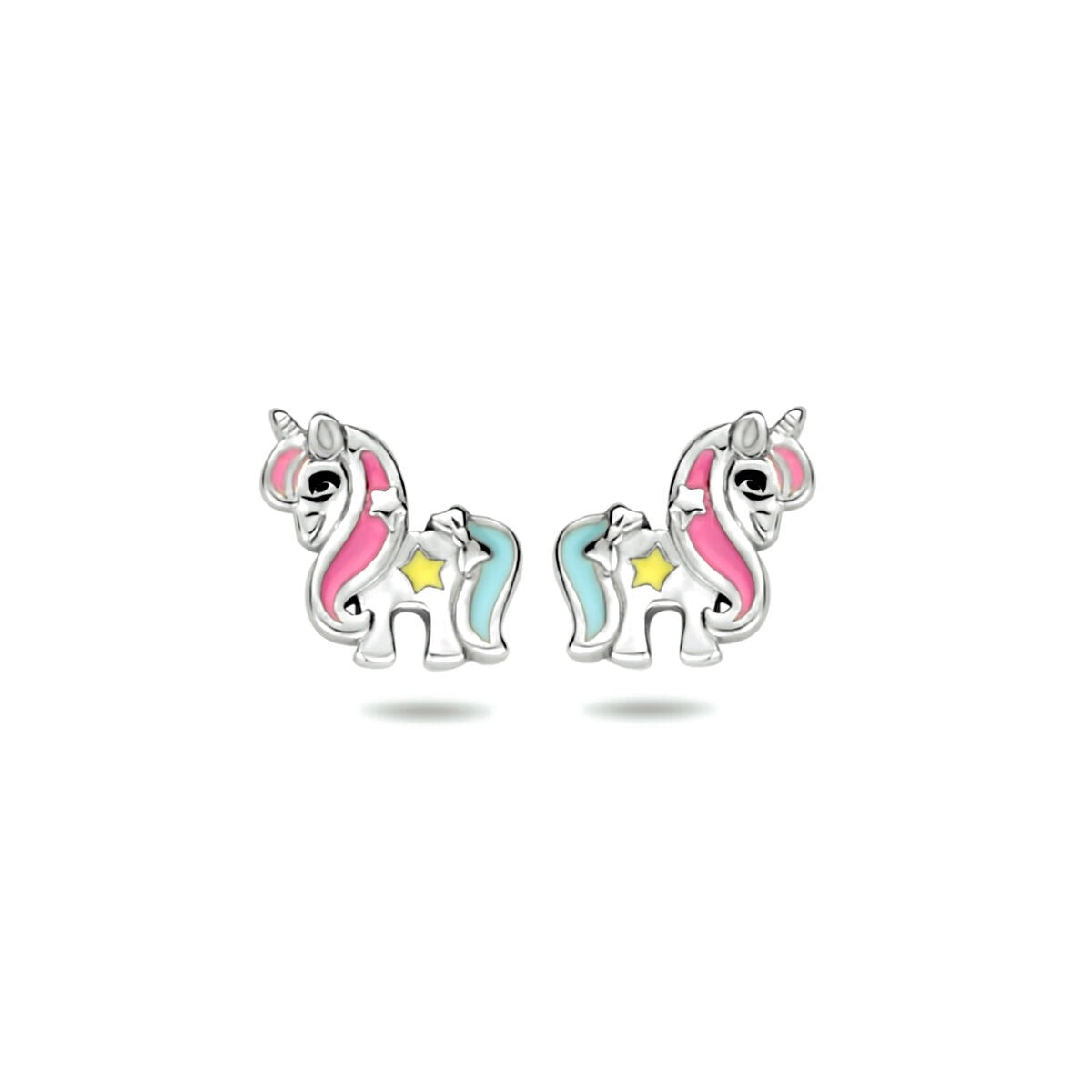 Gerhodineerte Silberne Ohrringe in Einhornform mit buntem Emaille und einem Stern.
