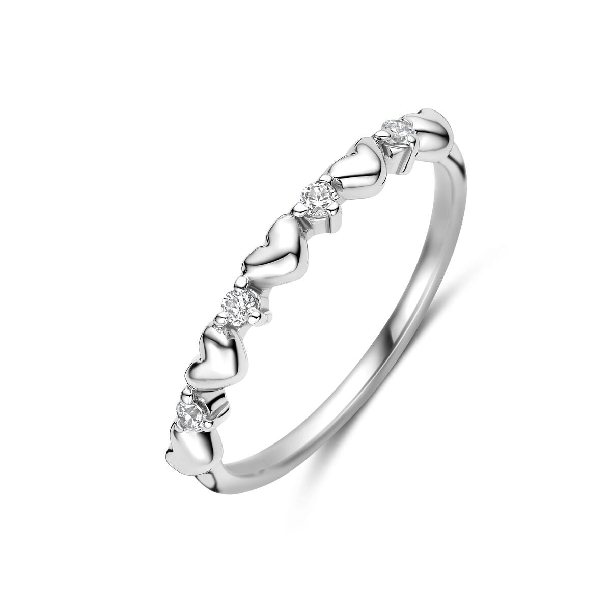 Ring aus rhodiniertem 925 Silber mit Herzmotiven und Zirkonia-Steinen