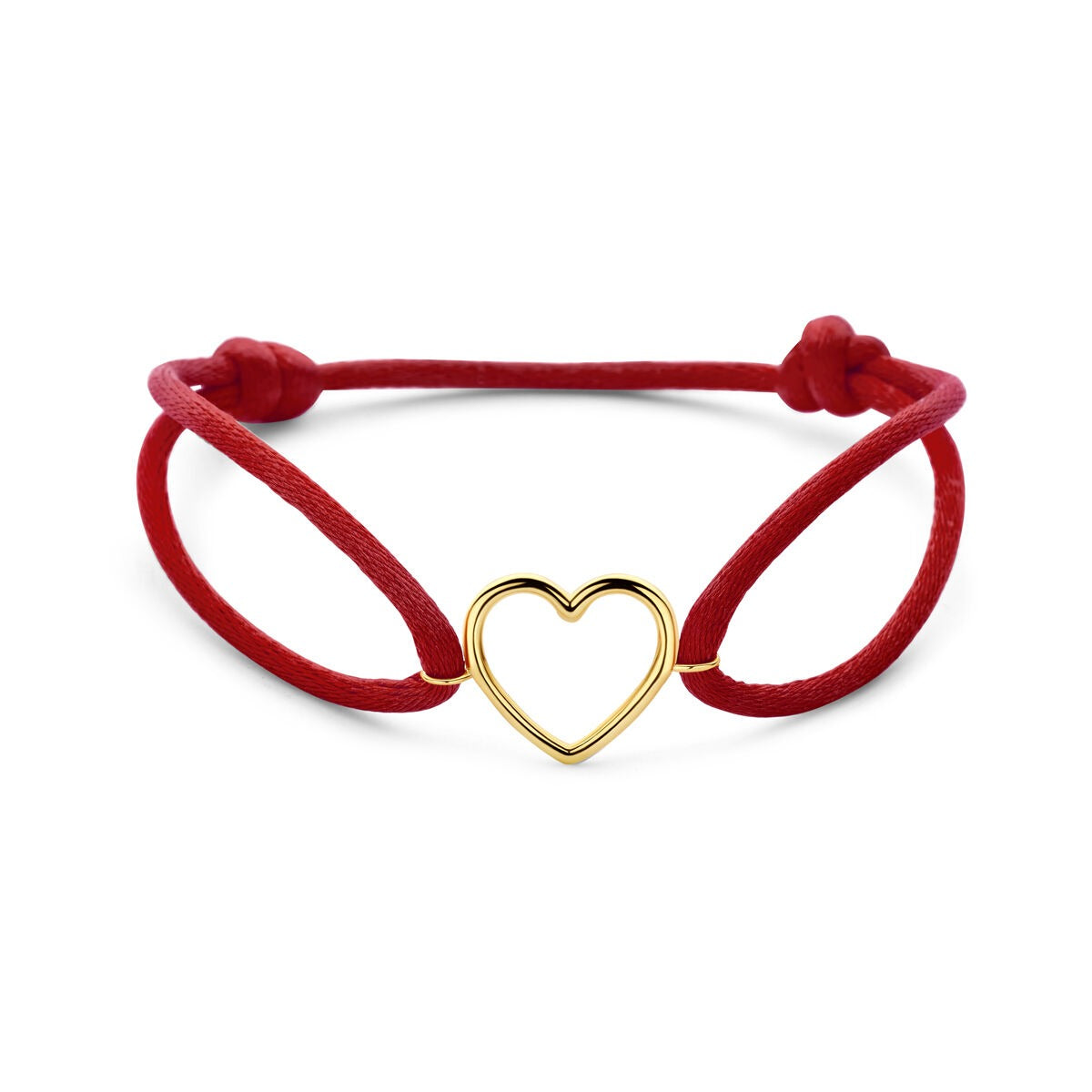 Rote Satin-Armband für Damen mit goldenem Herzanhänger in warmem Rot und Gold