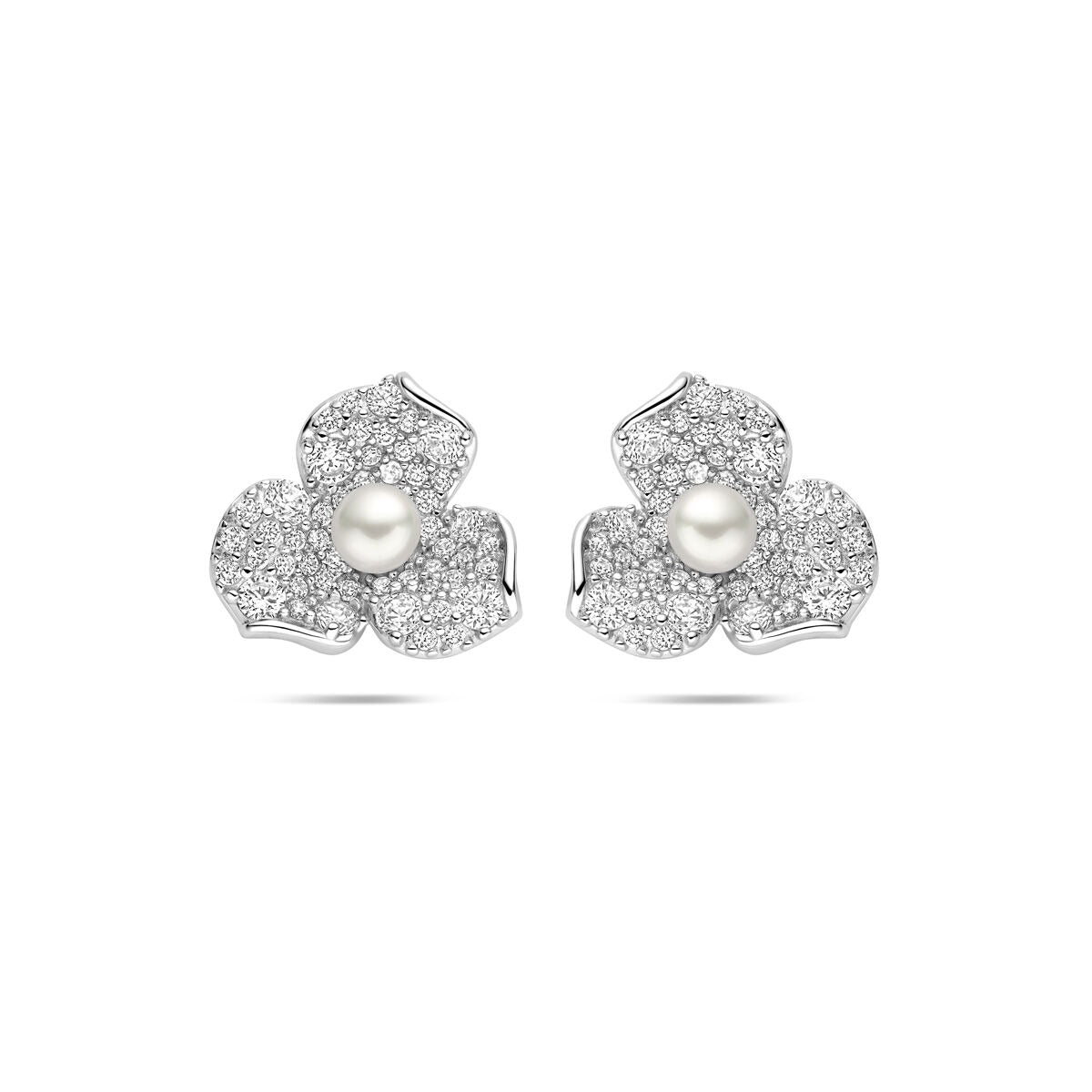 Ohrringe aus rhodiniertem 925 Silber mit Blumenmotiv, Zirkonia und einer Perle in der Mitte
