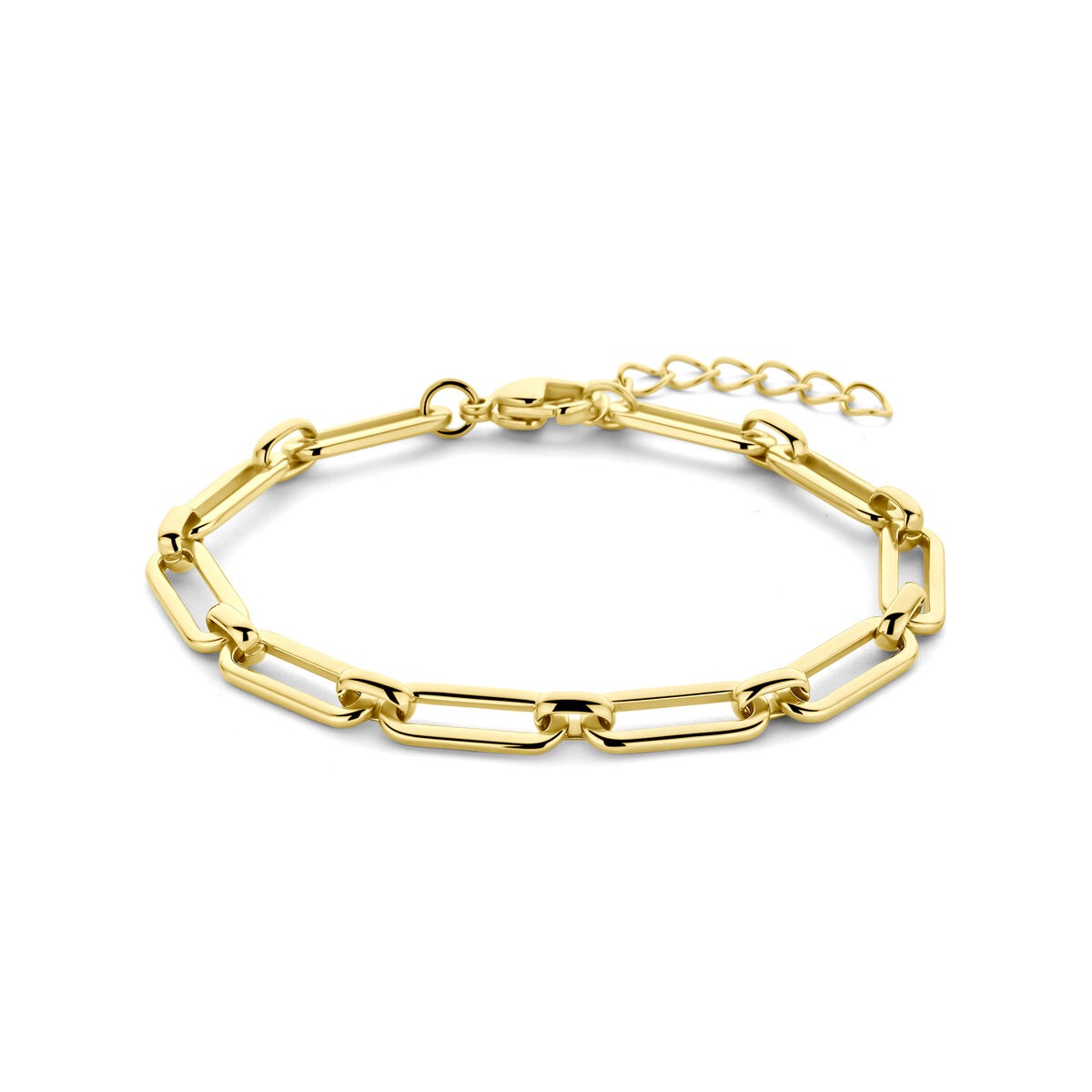 Stahlarmband für Damen mit goldfarbener Beschichtung, 17 bis 20 cm lang, aus rechteckigen Gliedern gefertigt
