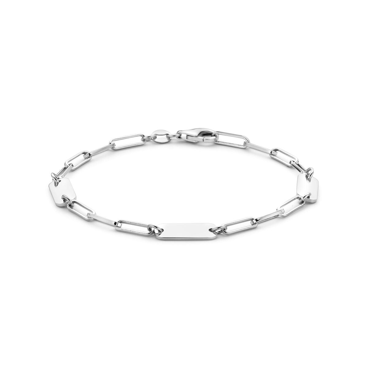 Gravurarmband aus rhodiniertem Silber mit rechteckigen Gliedern und Karabinerverschluss