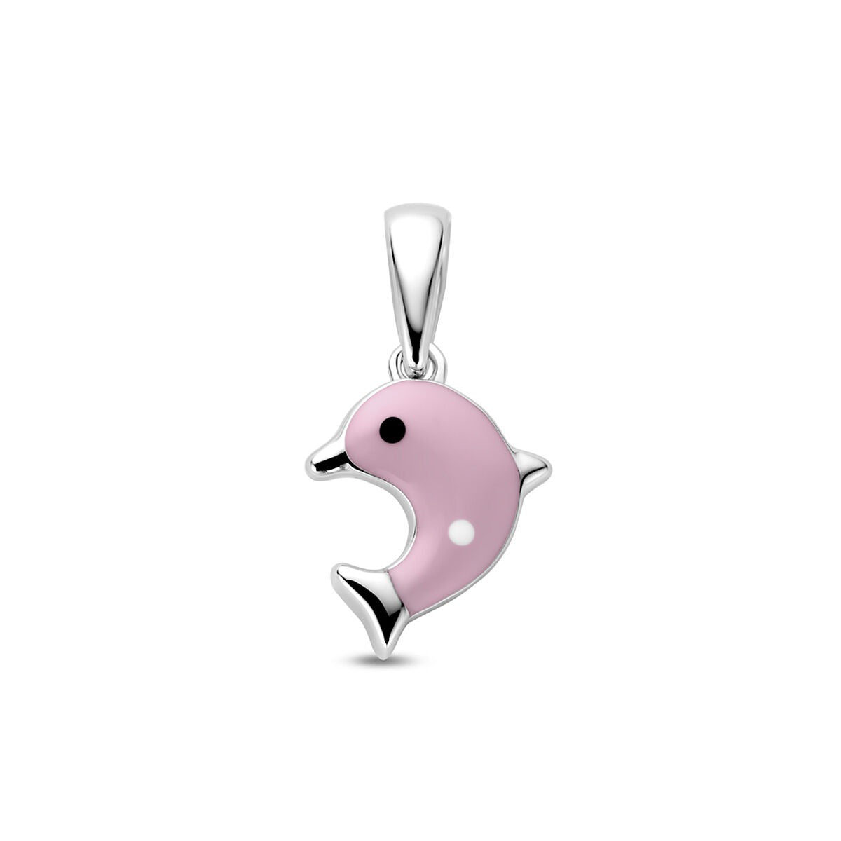 Hängender Delfin aus rhodiniertem 925 Silber mit pinkem Emaille und schwarzen Augen