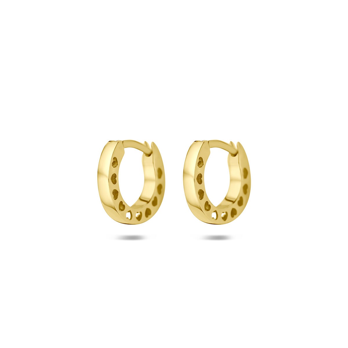 14k gelbgoldene Klappohrringe mit Herzmotiven und durchbrochenem Design