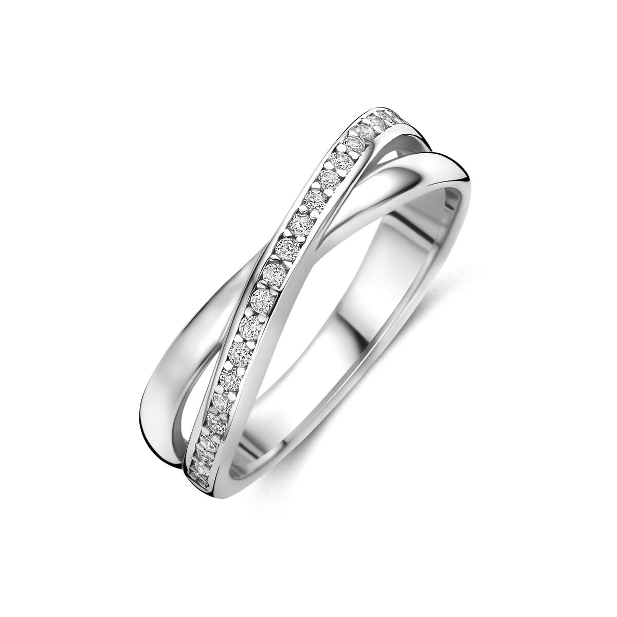 Ring aus rhodiniertem 925 Silber mit Zirkonia, geschwungene Form und funkelnden Steinen