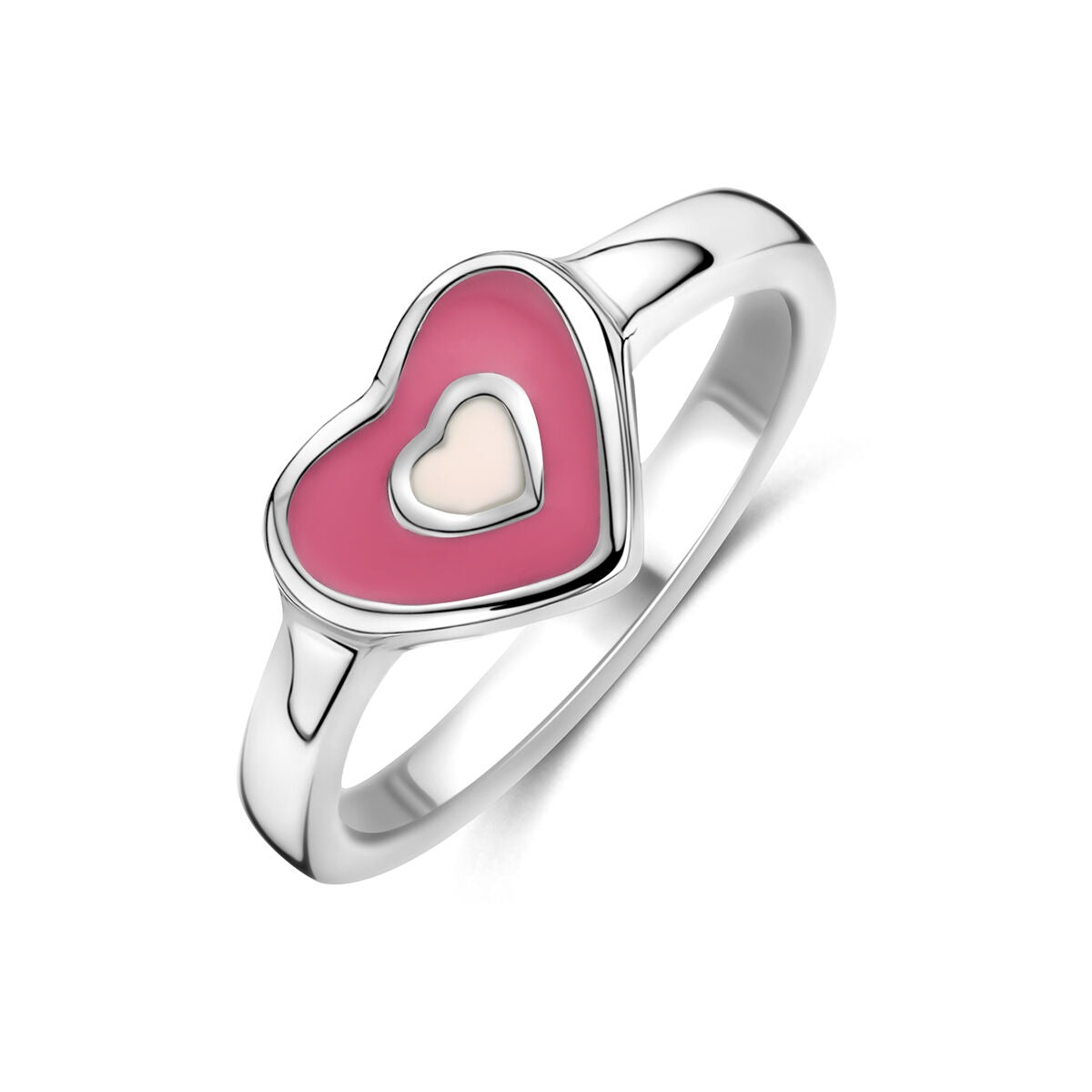 Ring aus rhodiniertem Silber mit pinkem Herz und kleinerem silbernen Herz in der Mitte