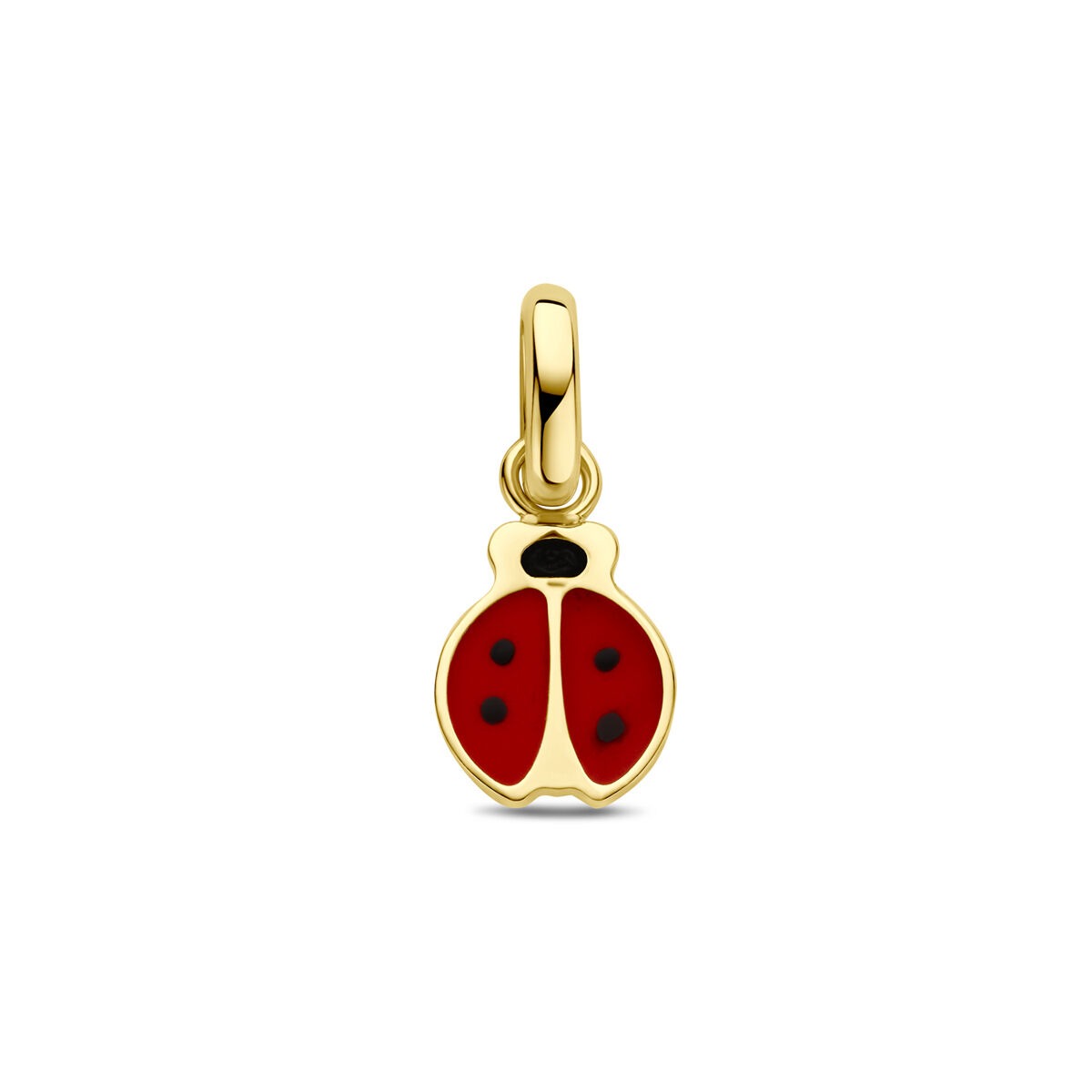 Hänger in Form eines Marienkäfers aus 9 Karat Gelbgold mit rotem und schwarzem Emaille.