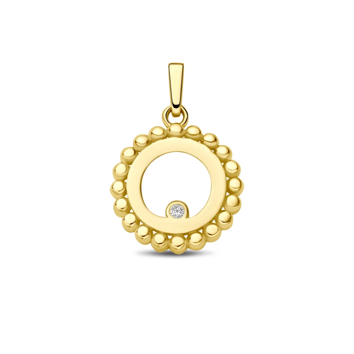 Runder Anhänger aus 9k Gelbgold mit Zirkonia und kreisförmigem Design, verziert mit kleinen Kugeln