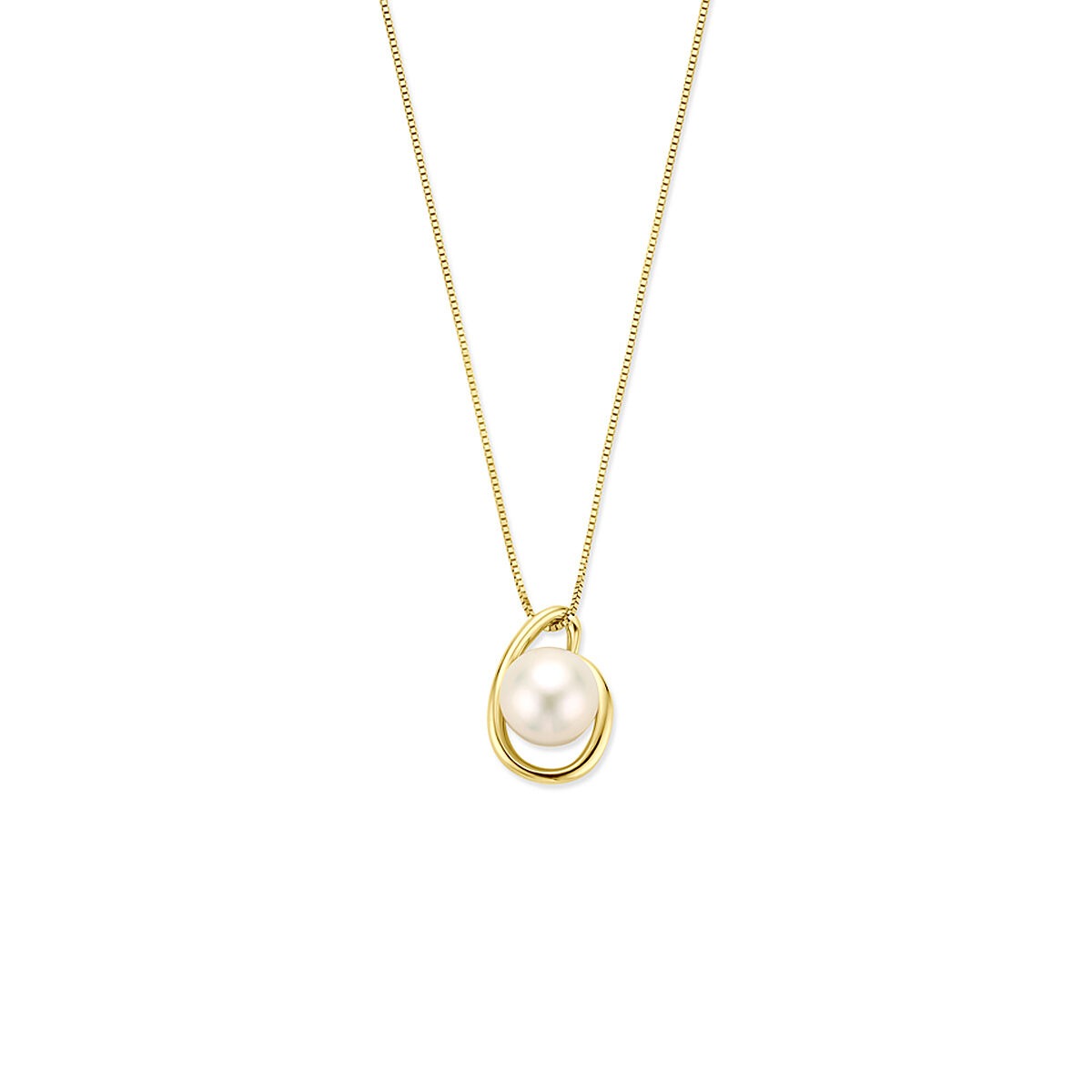 Halskette aus 14k Gelbgold mit einer runden Perle in einer geschwungenen Fassung