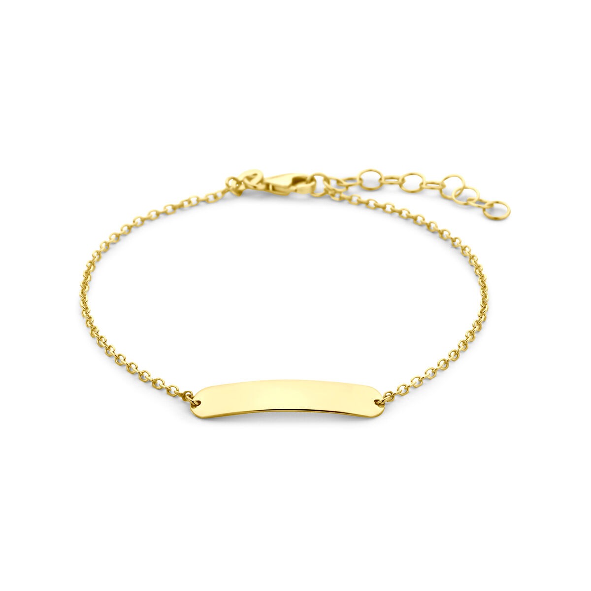 Gravurarmband aus 9 Karat Gelbgold mit glatter, ovaler Platte und feiner Kettenstruktur