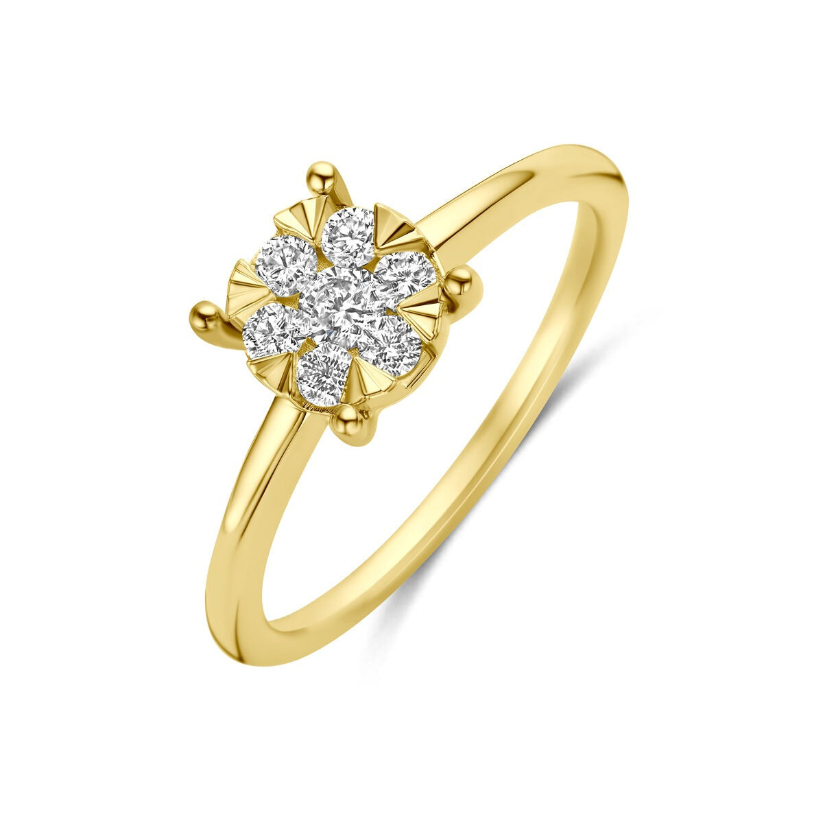 Ring aus 14k Gelbgold mit blühendem Design und lab-grown Diamanten im Zifferblatt.