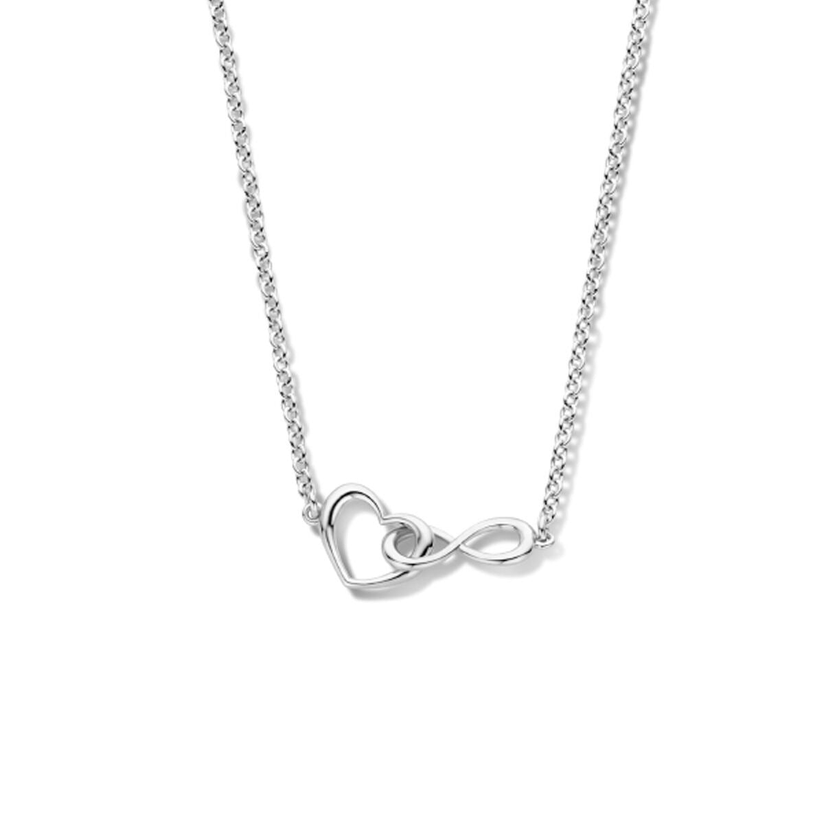 Collier aus rhodiniertem 925 Silber mit herzförmigem Anhänger und Unendlichkeitssymbol
