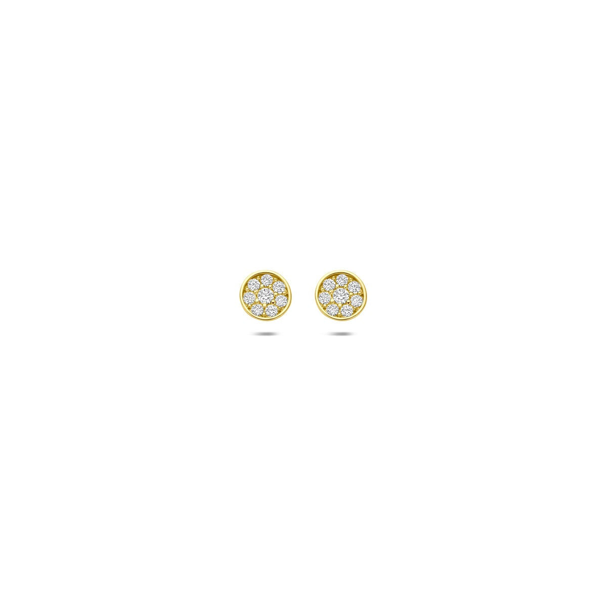 Goldene Ohrstecker mit Zirkonia in Pavé-Setting, runde Form und glänzende Oberfläche