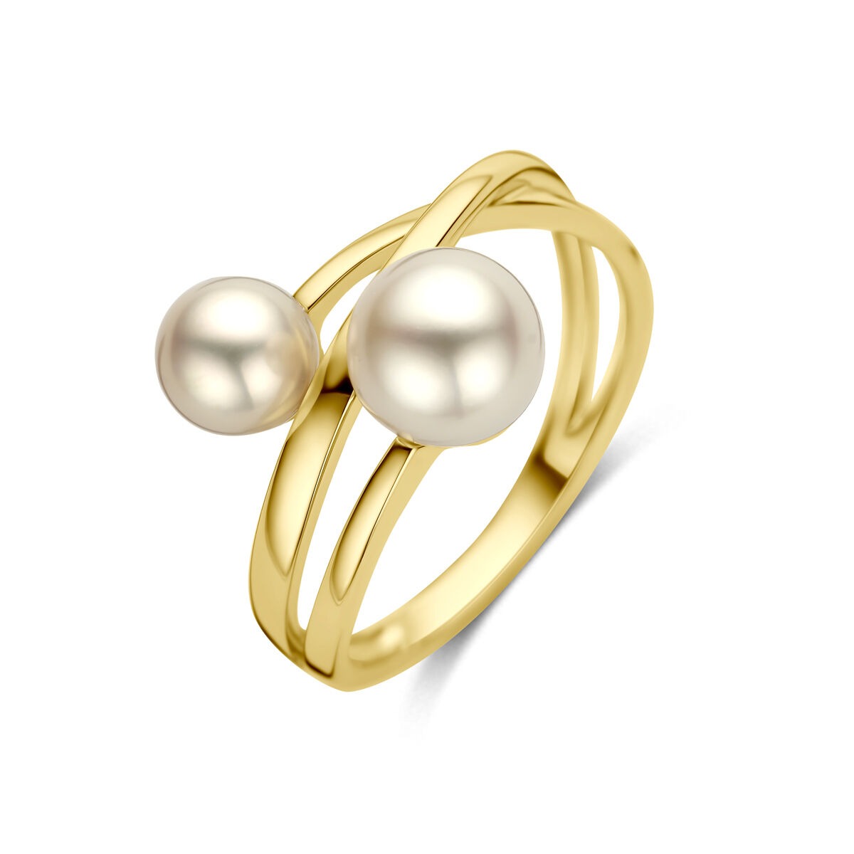 Damenring aus 14k Gelbgold mit zwei weißen Perlen und geschwungenem Design