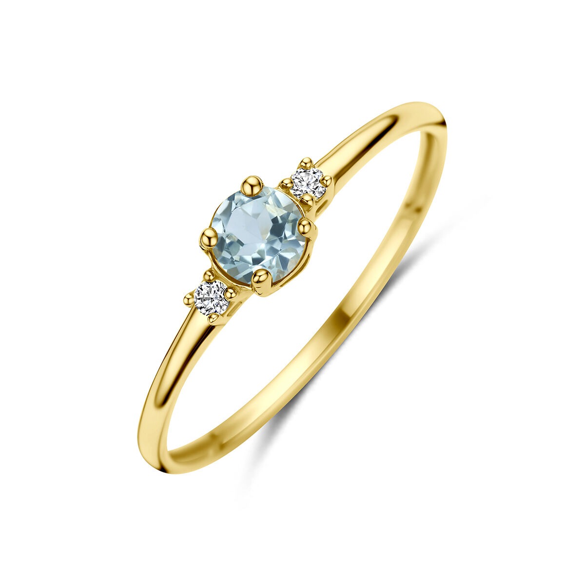 Ring aus 14k Gelbgold mit blauem Topas und zwei Zirkonia-Steinen an den Seiten