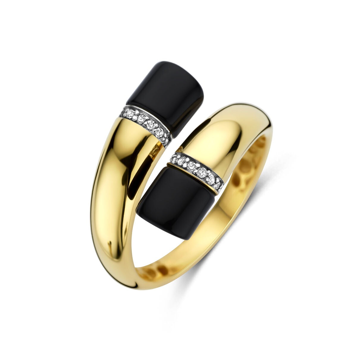 Damenring aus 14k Gelbgold mit schwarzem Onyx und Diamanten, 16 mm breit