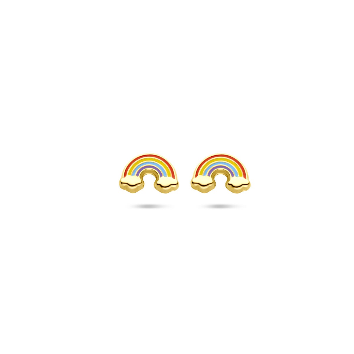 Ohrstecker aus 14k Gelbgold in Regenbogenform mit bunten Farben und glänzender Oberfläche