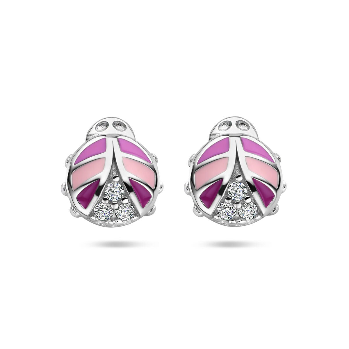 Silberne Ohrstecker in Form eines Marienkäfers mit pinken und lila Emaille-Applikationen sowie Zirkonia.