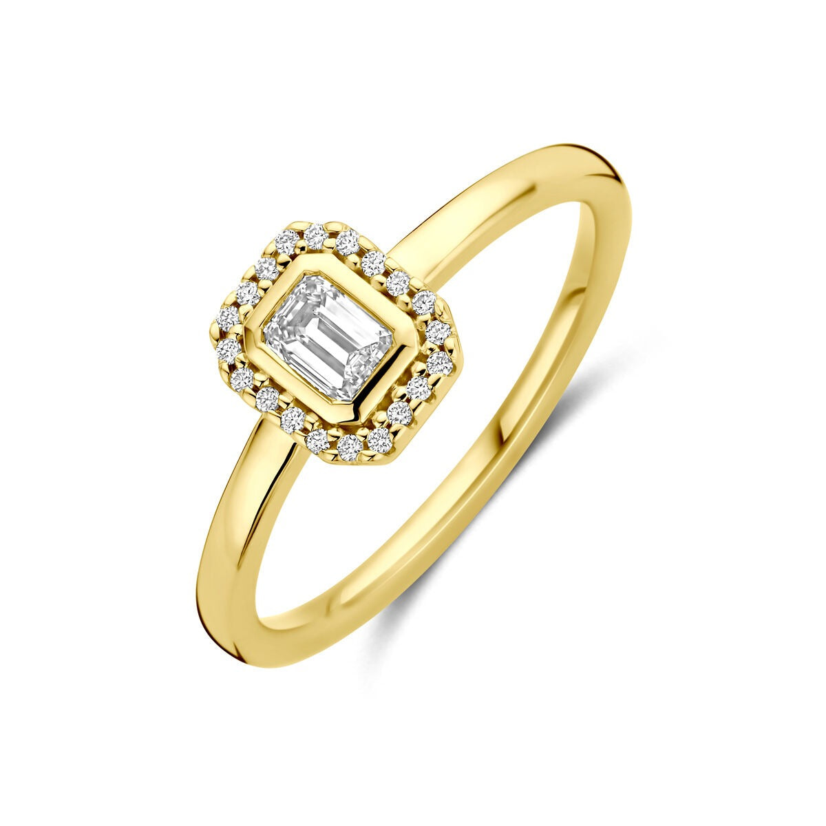 Ring aus 14k Gelbgold mit einem smaragdgeschliffenen Diamanten und kleinen, runden Zirkonia.