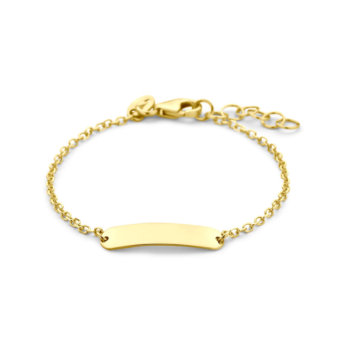 Armband aus 9 Karat Gelbgold mit gravierbarem, flachem Plättchen und feiner Kette