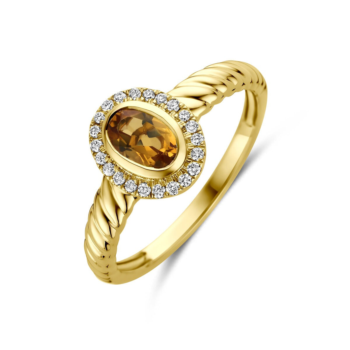 Ring aus 14k Gelbgold mit ovalem Citrin und umgeben von kleinen, funkelnden Diamanten