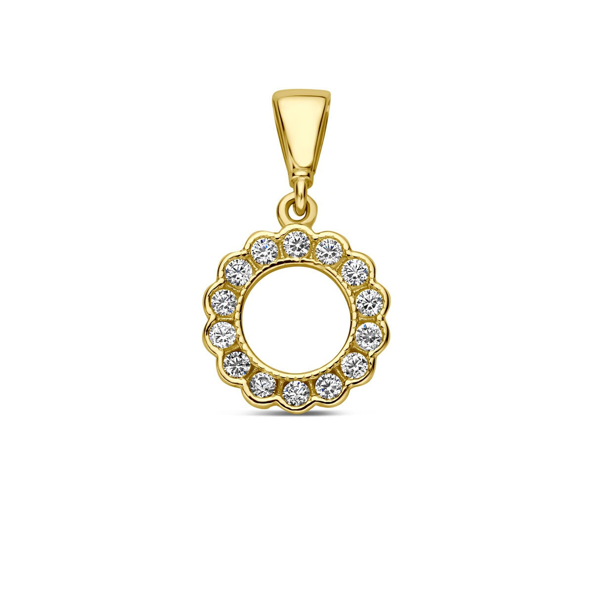 Runde 9k Gelbgold-Hänger mit Zirkonia, verziert mit einem kreisförmigen Design und funkelnden Steinen