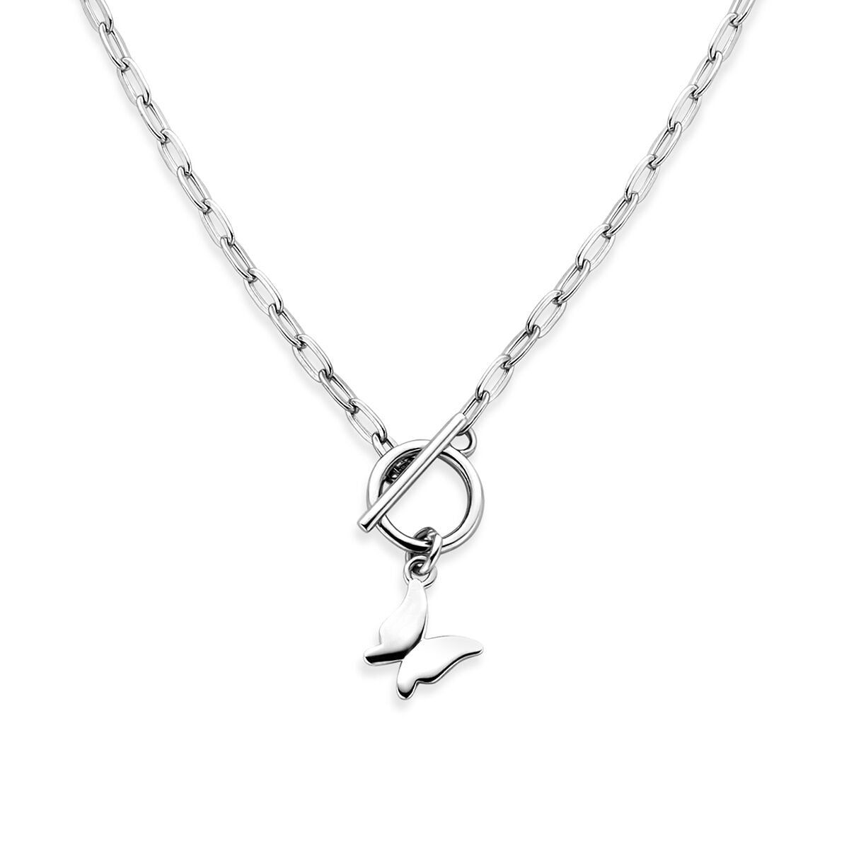 Collier aus rhodiniertem 925 Silber mit einem Anhänger in Form eines Schmetterlings und einer Toggle-Verschluss.