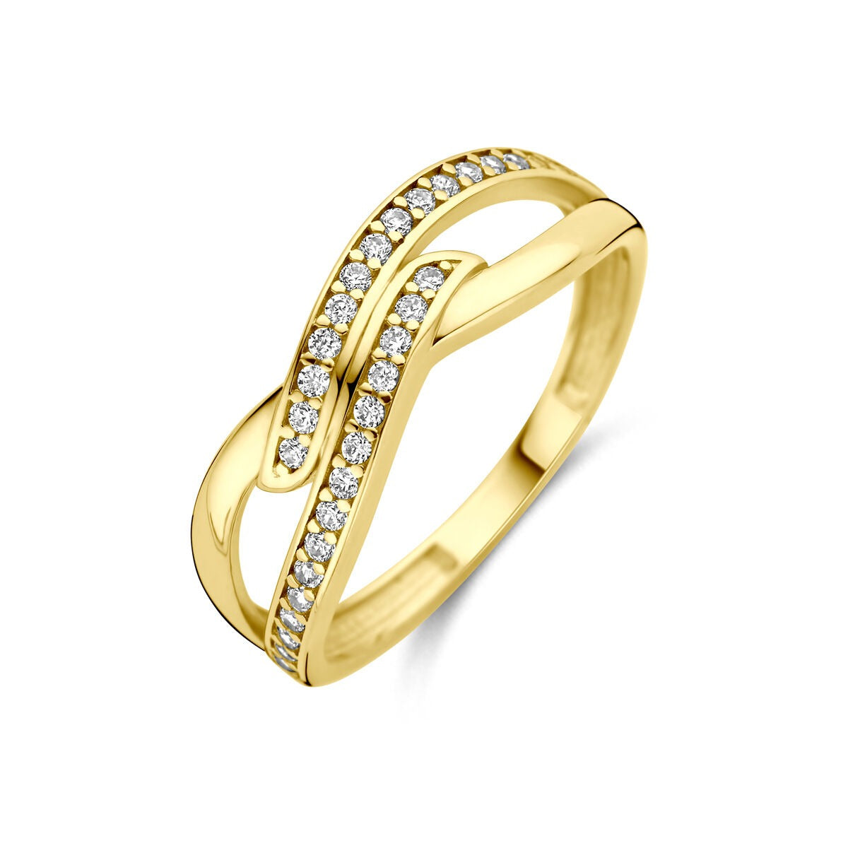 Ring aus 9 Karat Gelbgold mit Zirkonia in einer geschwungenen Anordnung