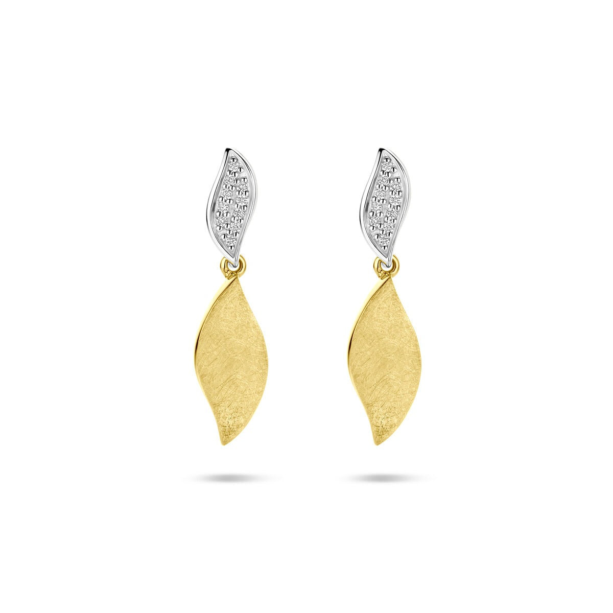 Ohrhänger aus 14K bicolor Gold mit mattem, gelbem Blatt und funkelndem, weißem Teil mit Diamanten 0,06 ct