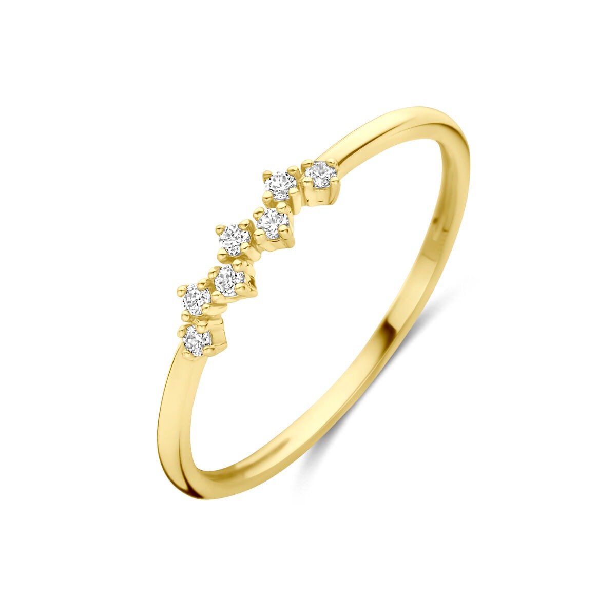 Ring aus 14k Gelbgold mit fünf Zirkonia in einer versetzten Anordnung