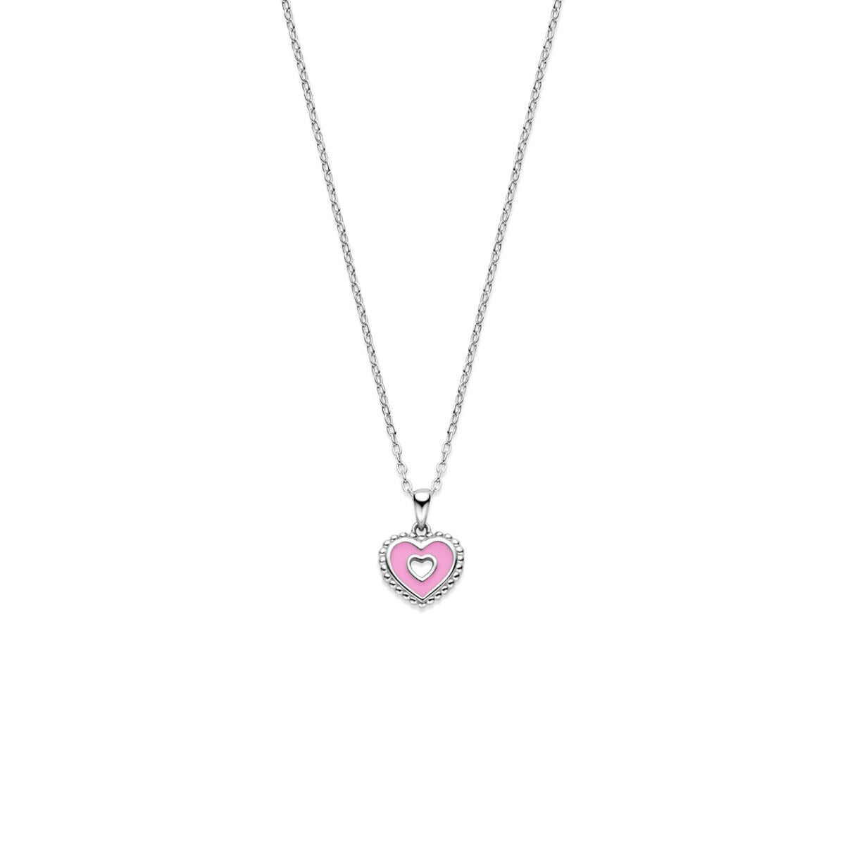 Silberne Kette mit herzförmigem Anhänger in Pink und Weiß, Länge 36 + 3 cm