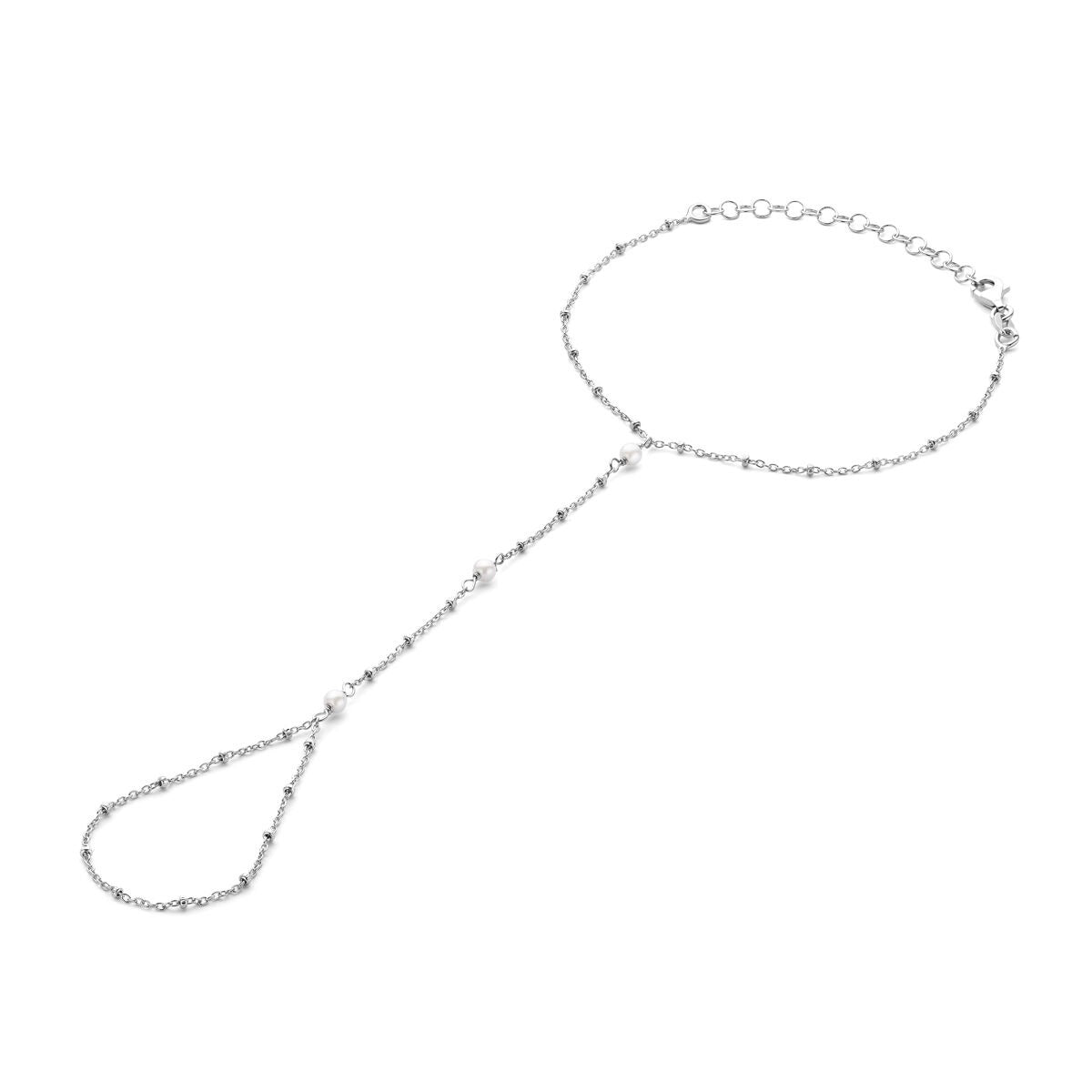Silbernes Handschmuck mit Perlen, rhodiniert, aus 925er Silber, filigranes Design mit Kettenelementen