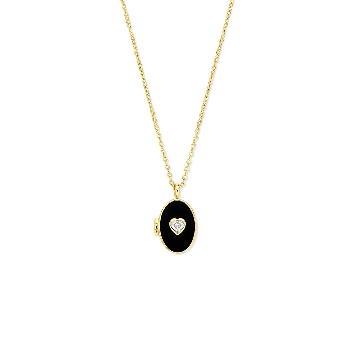 Vergoldete Silberkette mit ovalem Onyx-Medaillon und Zirkonia-Herzchen