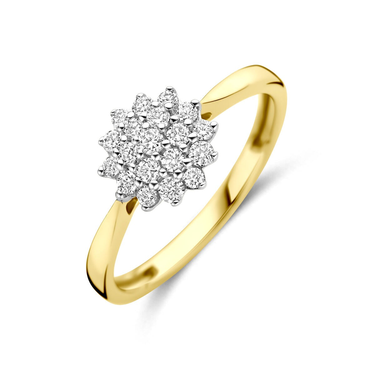 Bicolor Ring aus 14k Gelb- und Weißgold mit 0,33 ct lab-grown Diamanten in blütenförmiger Anordnung