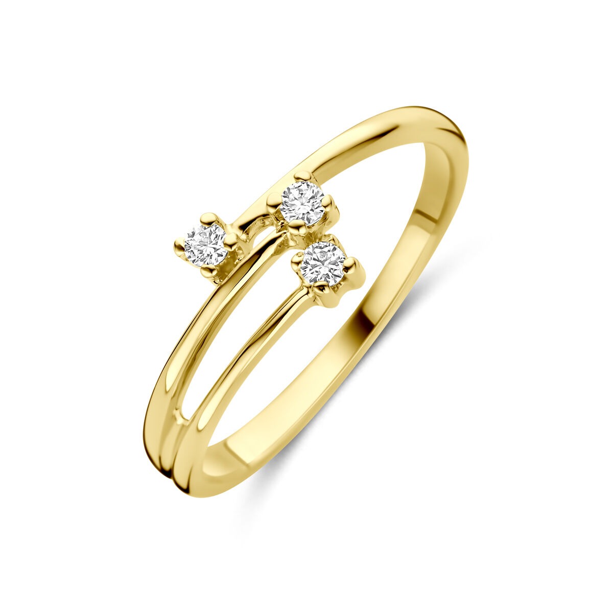 Damenring aus 14k Gelbgold mit drei Zirkonia-Steinen in einer modernen Anordnung