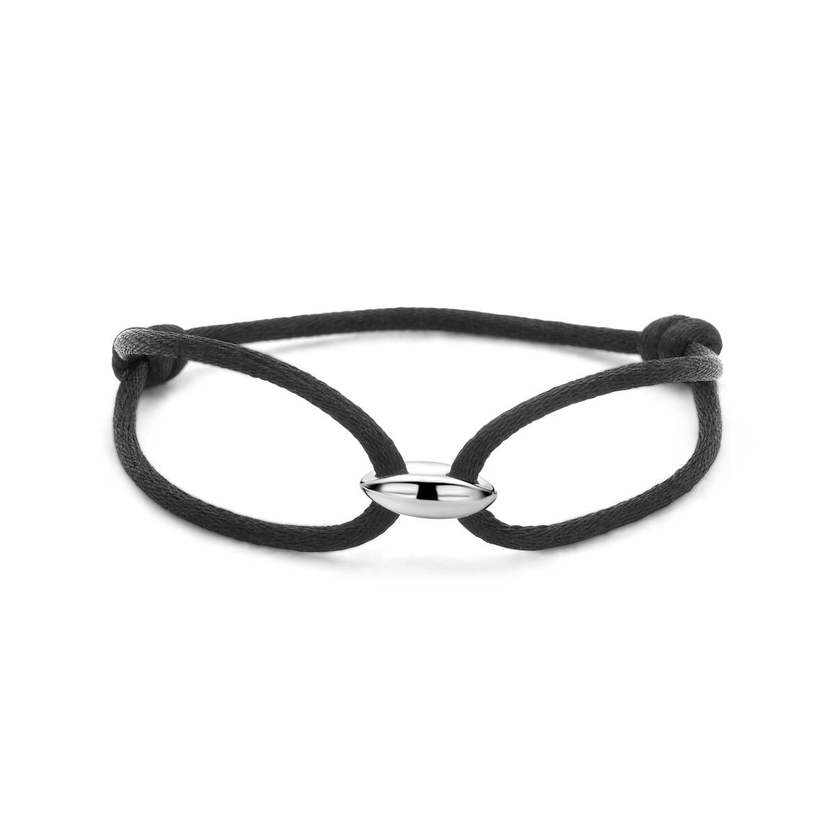 Schwarzes Satinarmband mit silberner Kaffeebohne als Anhänger