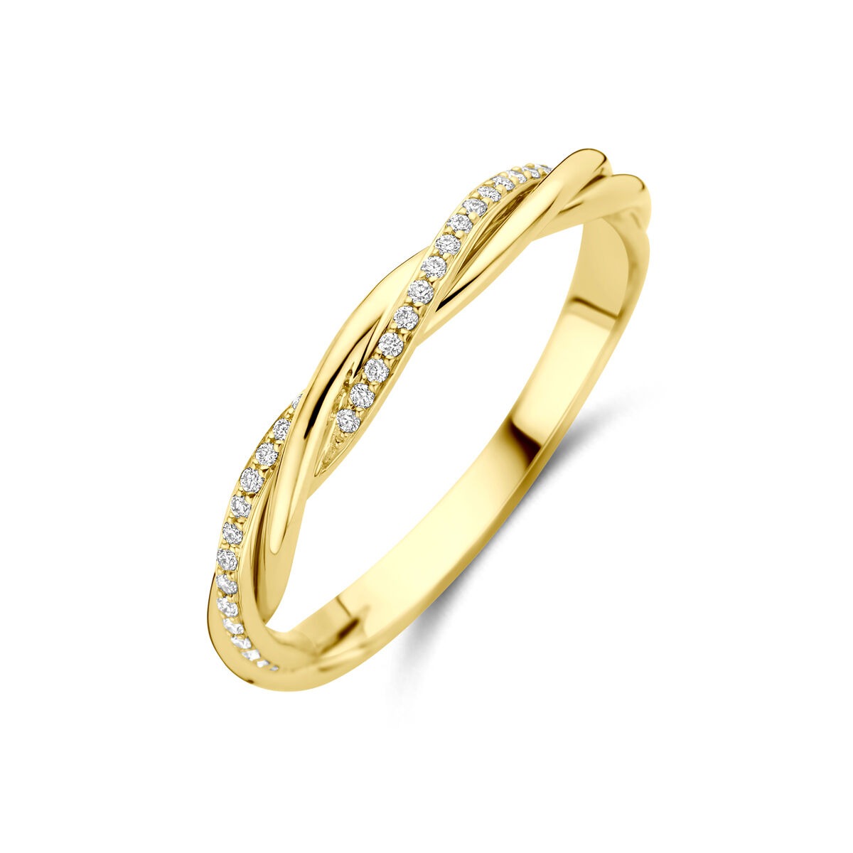 Ring aus 14k Gelbgold mit Diamanten in Pavéfassung und gewundenem Design