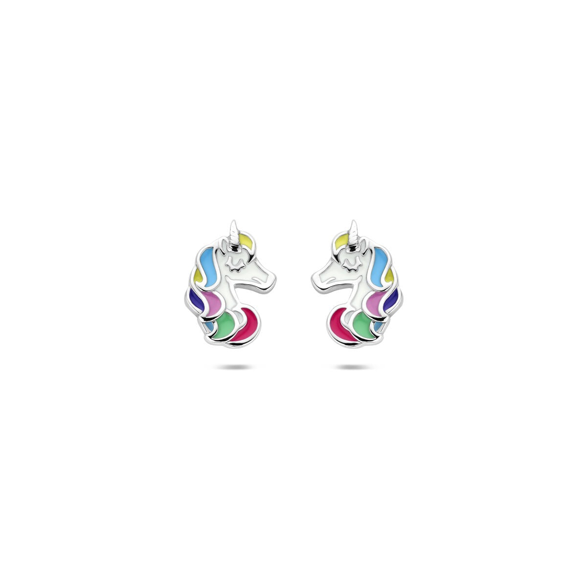Silberne Ohrstecker in Einhornform mit buntem Emaille und rhodiniertem Finish