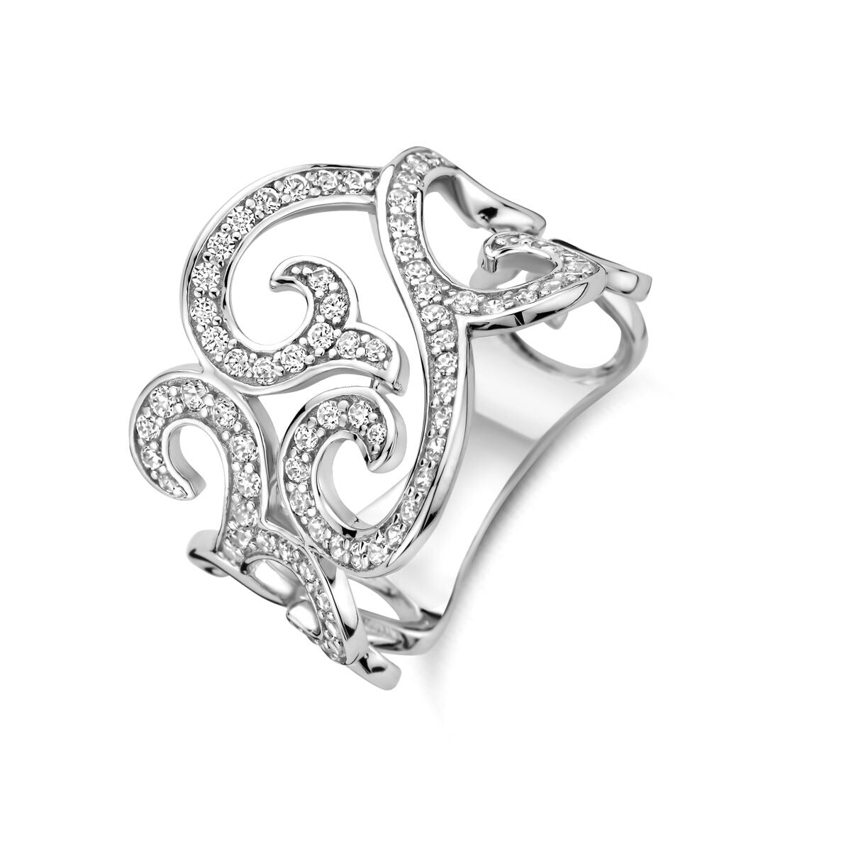 Gerhodinierter Silberring mit Zirkonia, filigranes Design in geschwungener Form