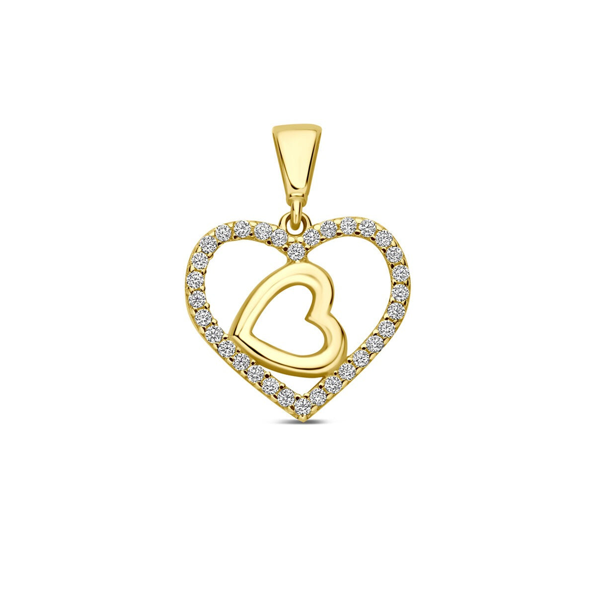 Hänger aus 9 Karat Gelbgold in Herzform mit Zirkonia-Steinen und einem inneren Herz.