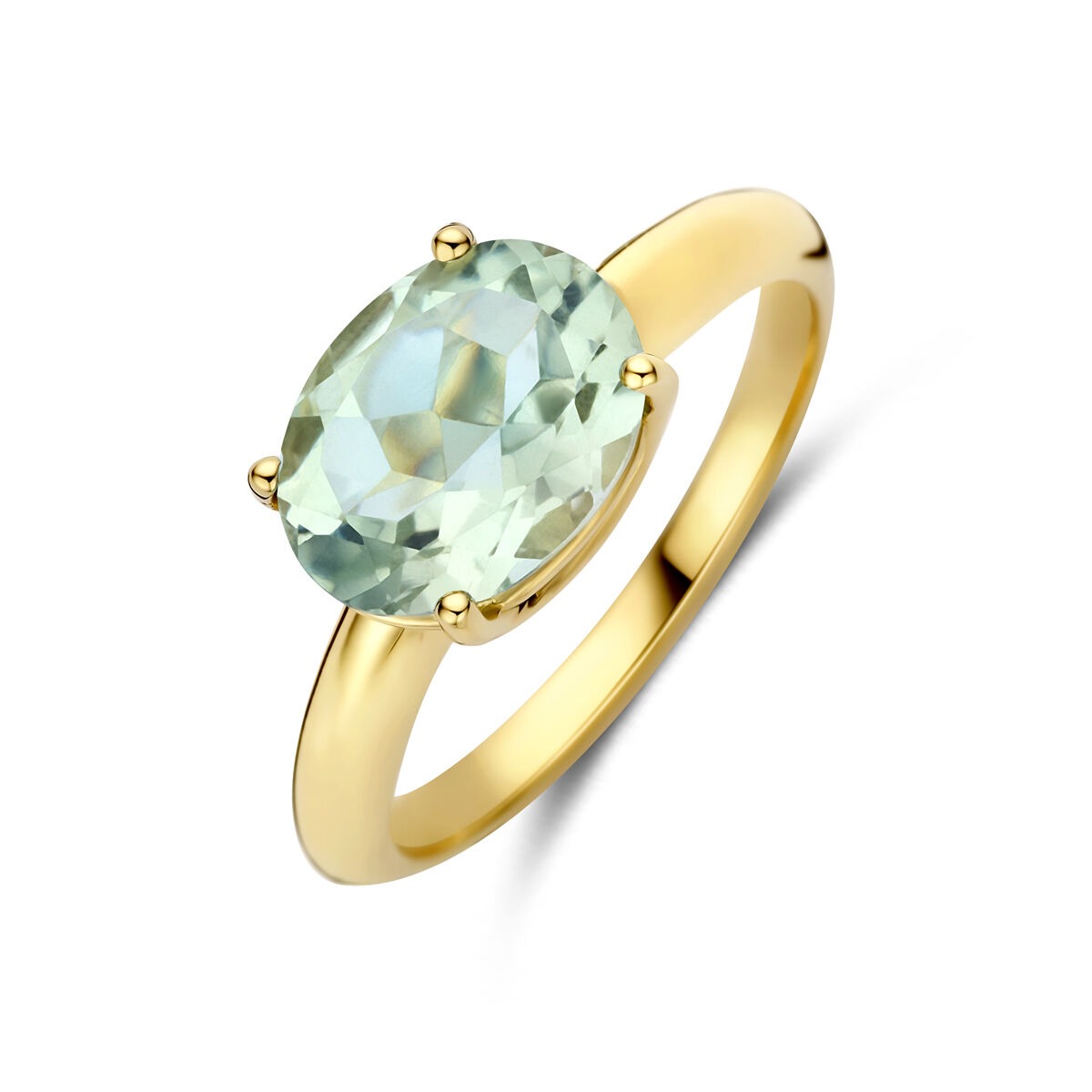 Ring aus 14k Gelbgold mit ovalem, grünem Amethyst in einer vierkligen Fassung